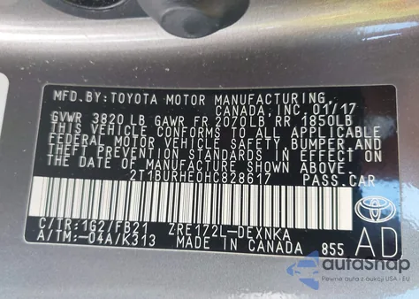 2017 Toyota Corolla Le из США, поврежденный, VIN 2T1BURHE0HC828617